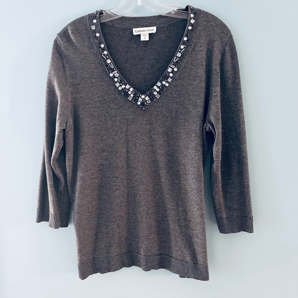Gray Sweater with Embellished Neckline